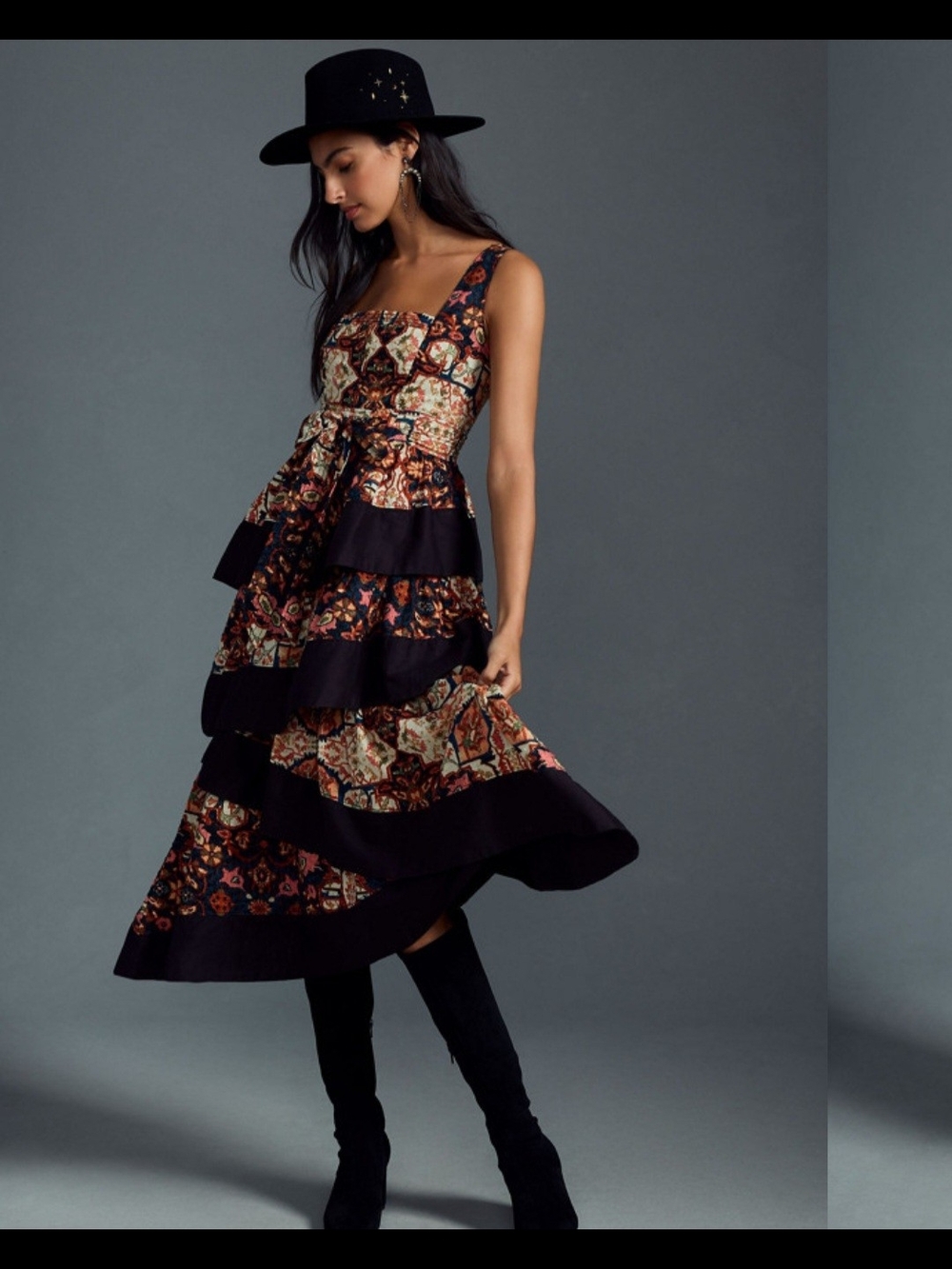 Anthropologie Square-Neck Printed Tiered Midi Dress